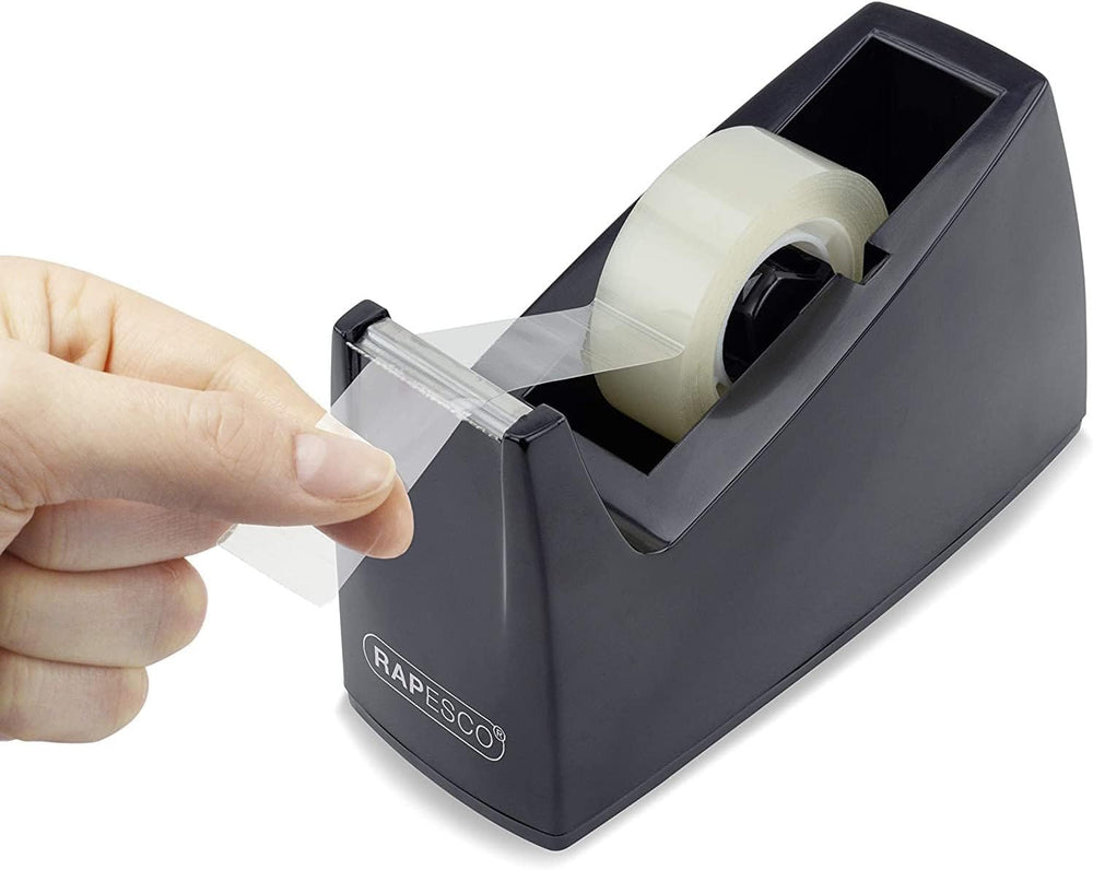 Black Rapesco 500 Heavy Duty Tape Dispenser with antibacterial properties, designed for secure and efficient tape dispensing.