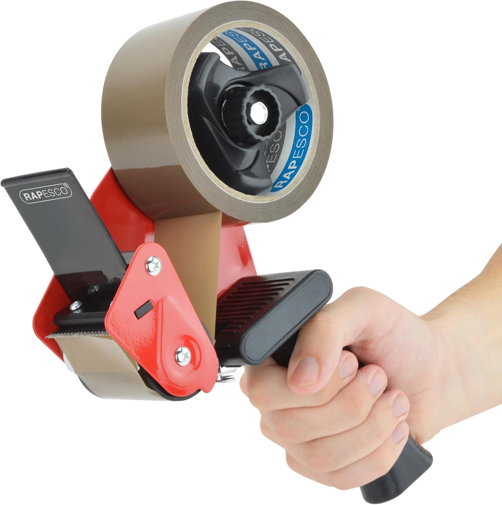 Rapesco 960 tape dispenser with brown antibacterial packing tape, plastic office supply for sealing packages and parcels.