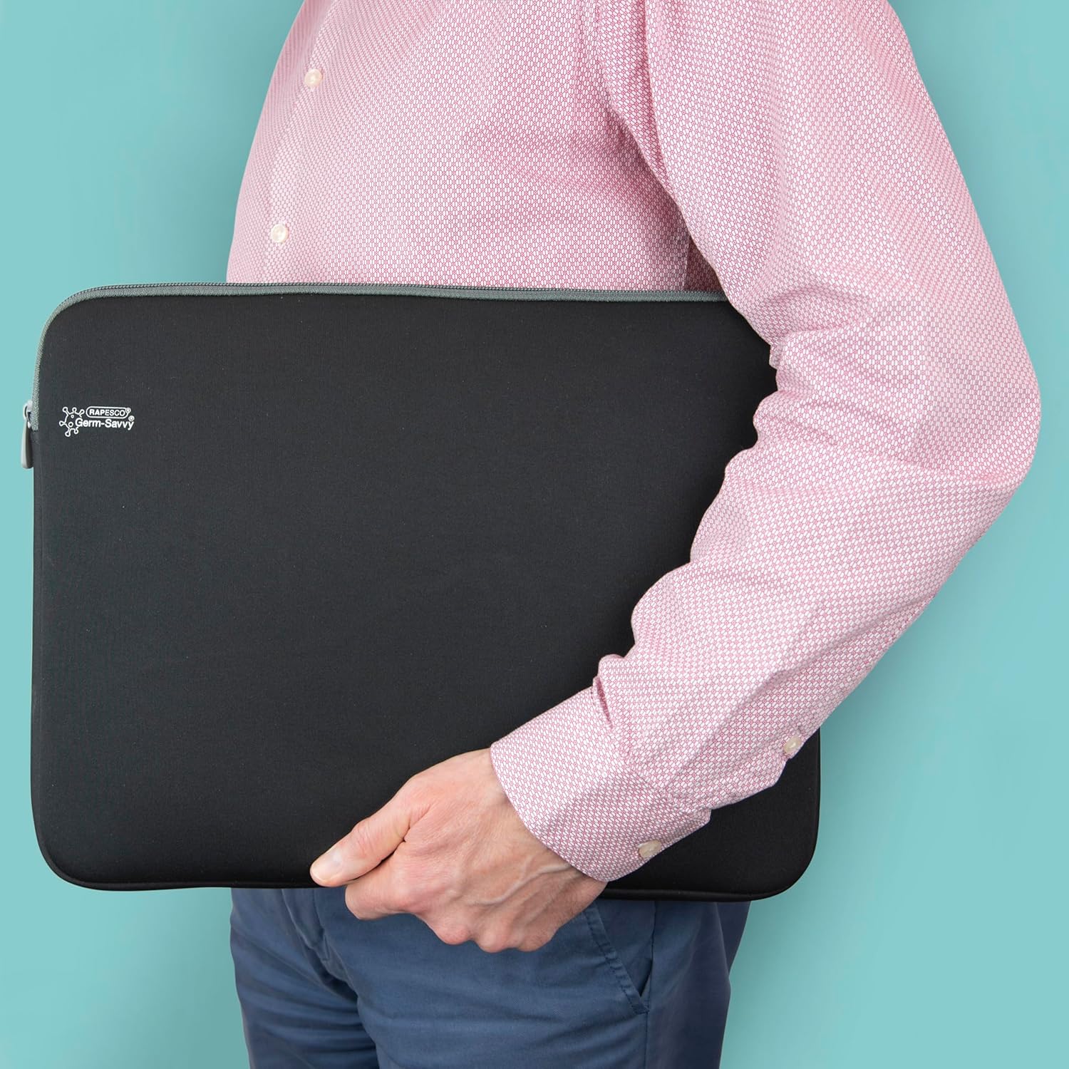 Black Rapesco 1692 laptop sleeve with antibacterial protection for 13.3-inch laptops, designed for safe, stylish tech storage.