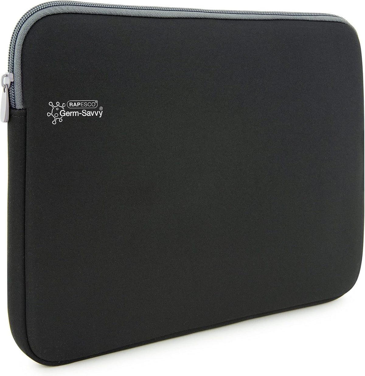 Rapesco Germ Savvy antibacterial 11.6-inch laptop sleeve with padded design and zipper closure for tech protection.