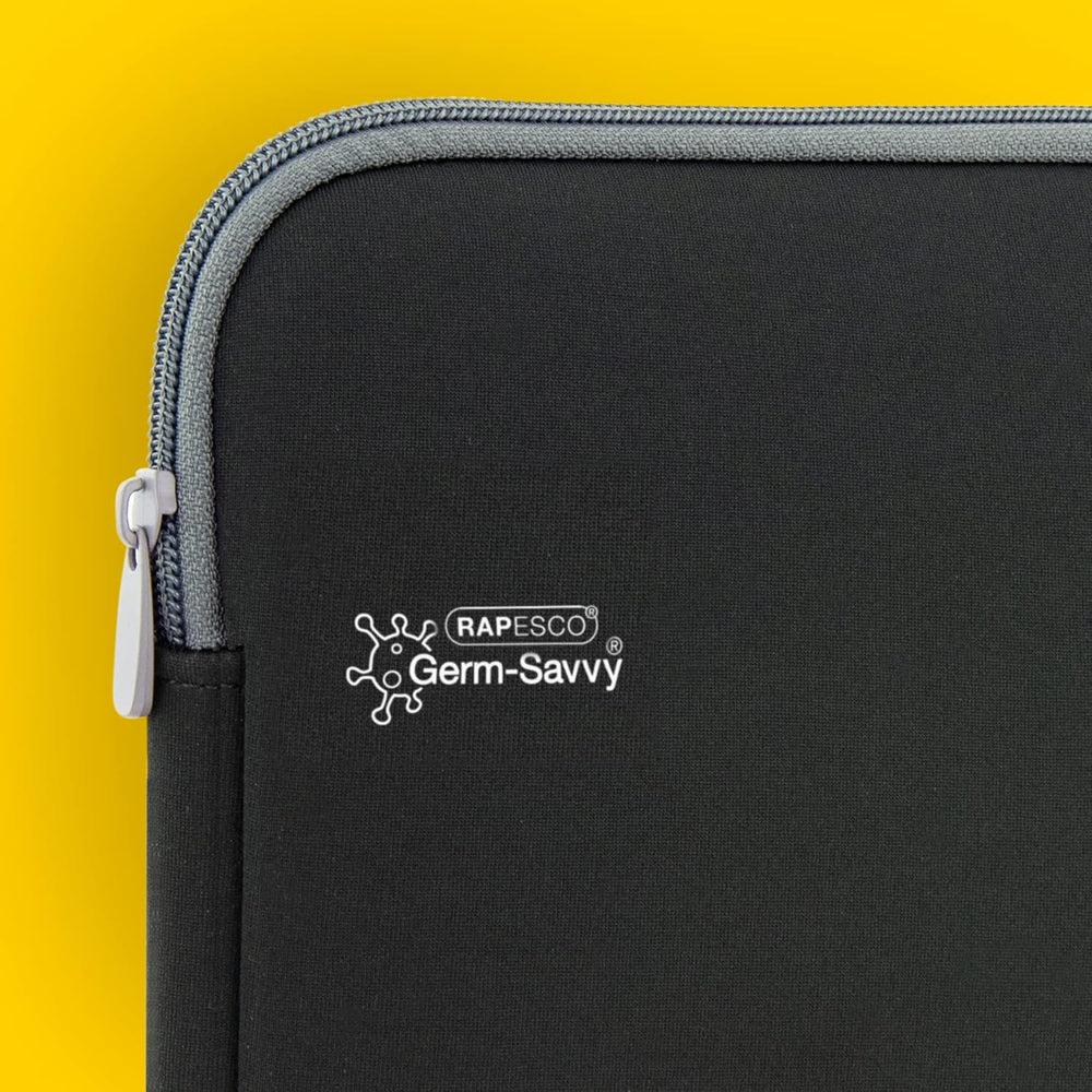 Rapesco Germ Savvy antibacterial 11.6-inch laptop sleeve in black with reinforced edges and zipper closure.