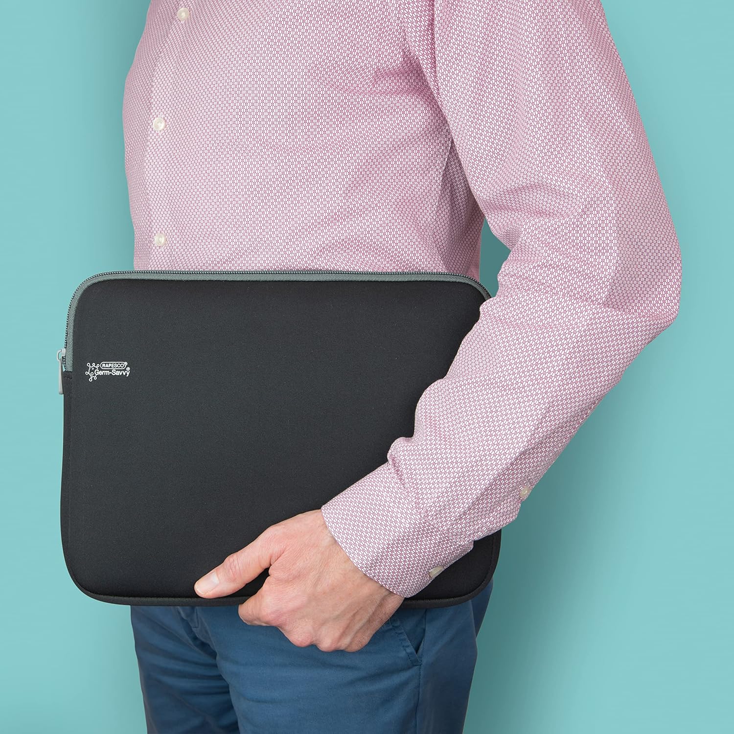 Rapesco Germ Savvy antibacterial 11.6-inch laptop sleeve showing black protective case with zipper closure and fabric texture.