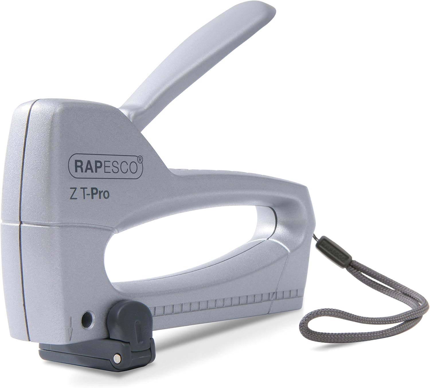 Rapesco Z T staple gun with 4mm staples and 53mm length, black and silver metal construction for home or office use.