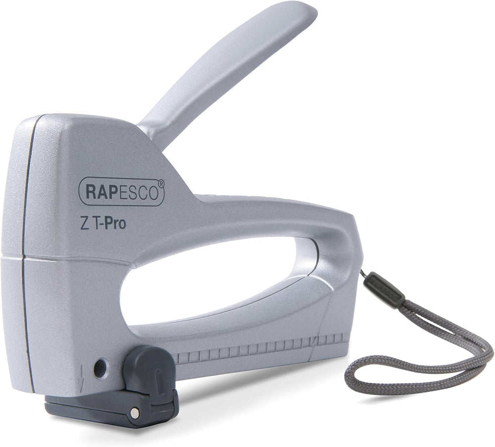 Rapesco Z T staple gun with 4mm staples and 53mm length, black and silver metal construction for home or office use.