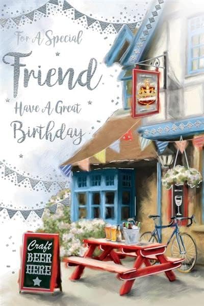 Kingfisher Cards Male Special Friend Birthday Greeting Card - From The Aura Range - Pub Beer Garden And Bicycle -With A Silver Foil Finish - For Him
