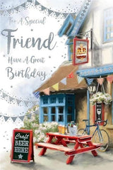 Kingfisher Cards Male Special Friend Birthday Greeting Card - From The Aura Range - Pub Beer Garden And Bicycle -With A Silver Foil Finish - For Him