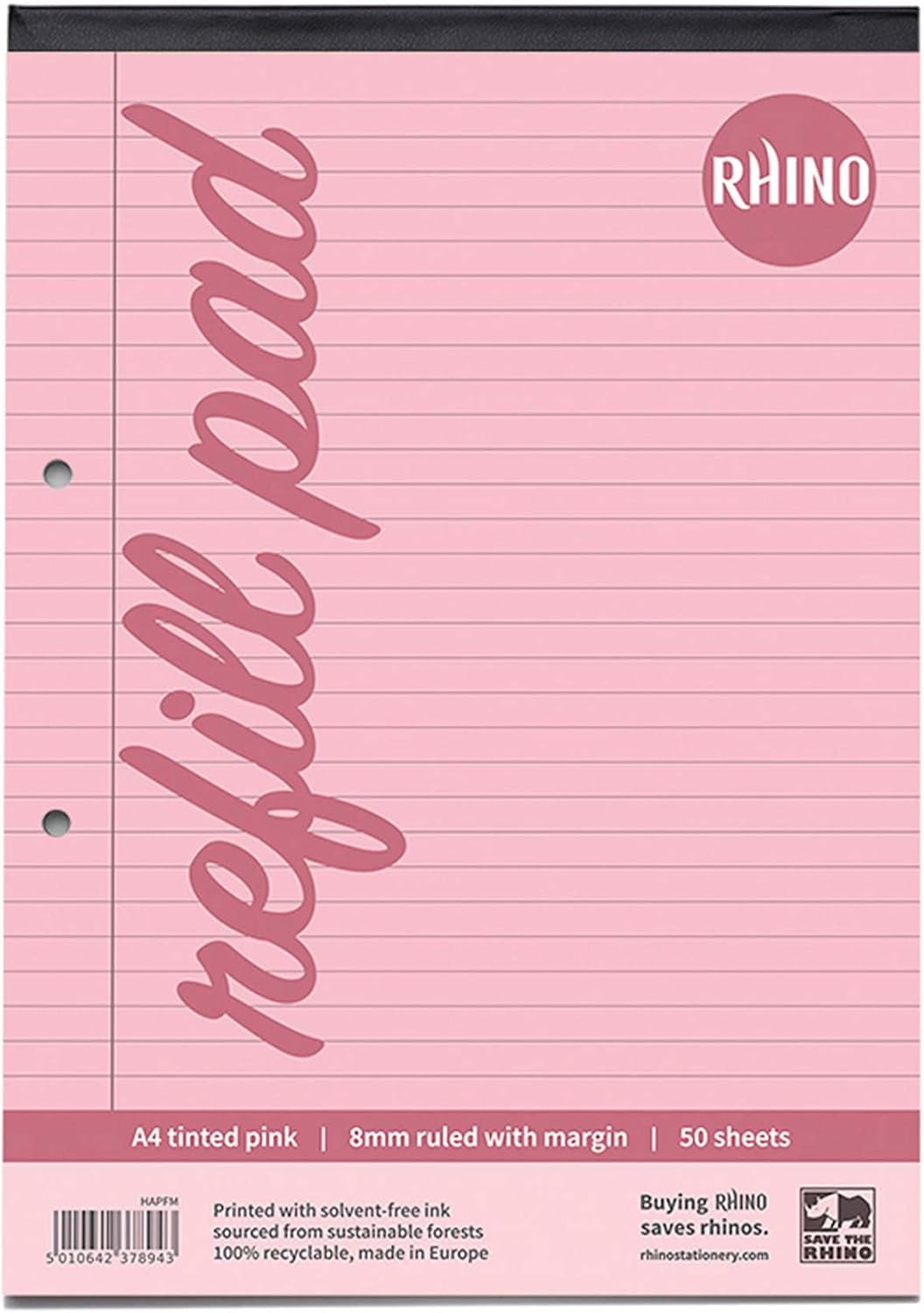 Rhino pink paper refill pad with 8mm feints and margin, A4 size, 50 leaves, 100 pages, stationery for writing and note-taking.