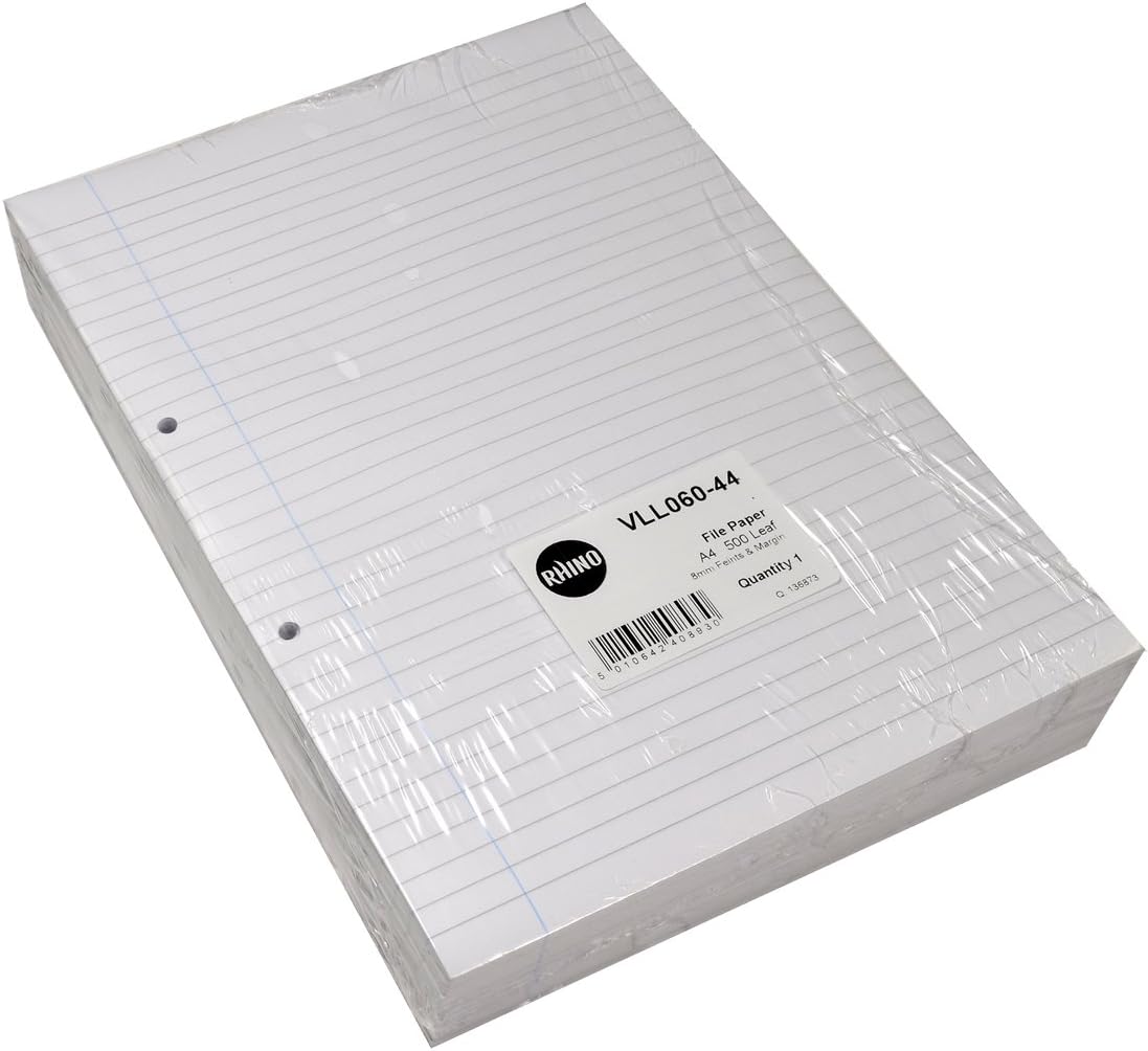 Rhino A4 punched exercise paper with 8mm lined ruling and margin, 500 sheets of stationery for writing and practice.