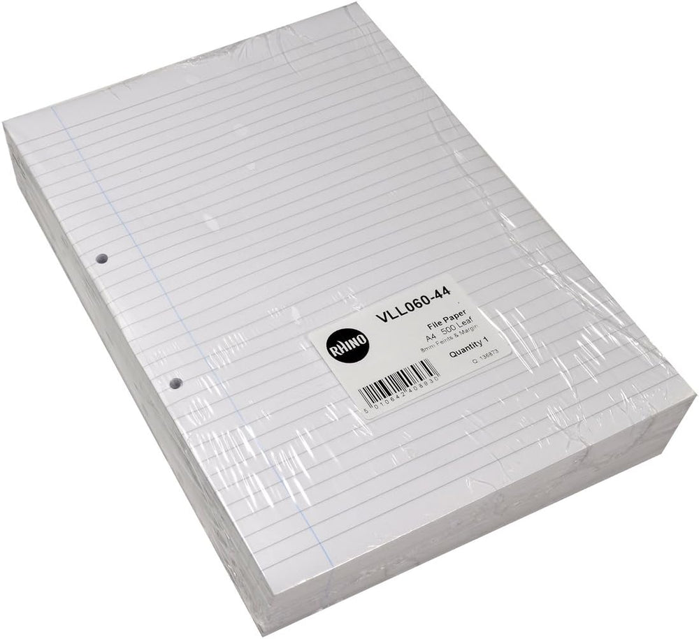 Rhino A4 punched exercise paper with 8mm lined ruling and margin, 500 sheets of stationery for writing and practice.