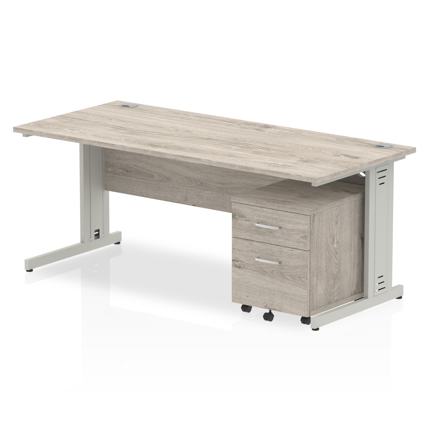 Dynamic Impulse 1800mm x 800mm Straight Desk Grey Oak Top Silver Cable Managed Leg with 2 Drawer Mobile Pedestal I003218 DD