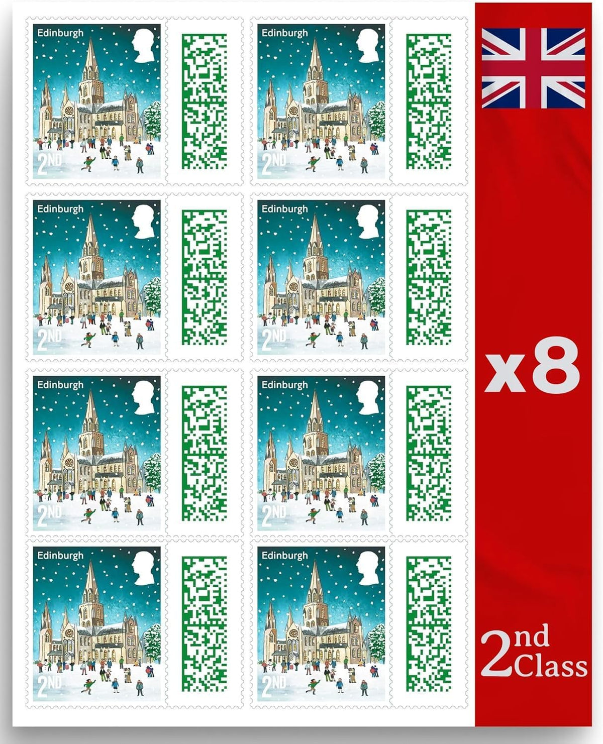 Royal Mail Christmas 2nd Class stamps pack with festive designs, perfect for holiday postage and seasonal mailing.
