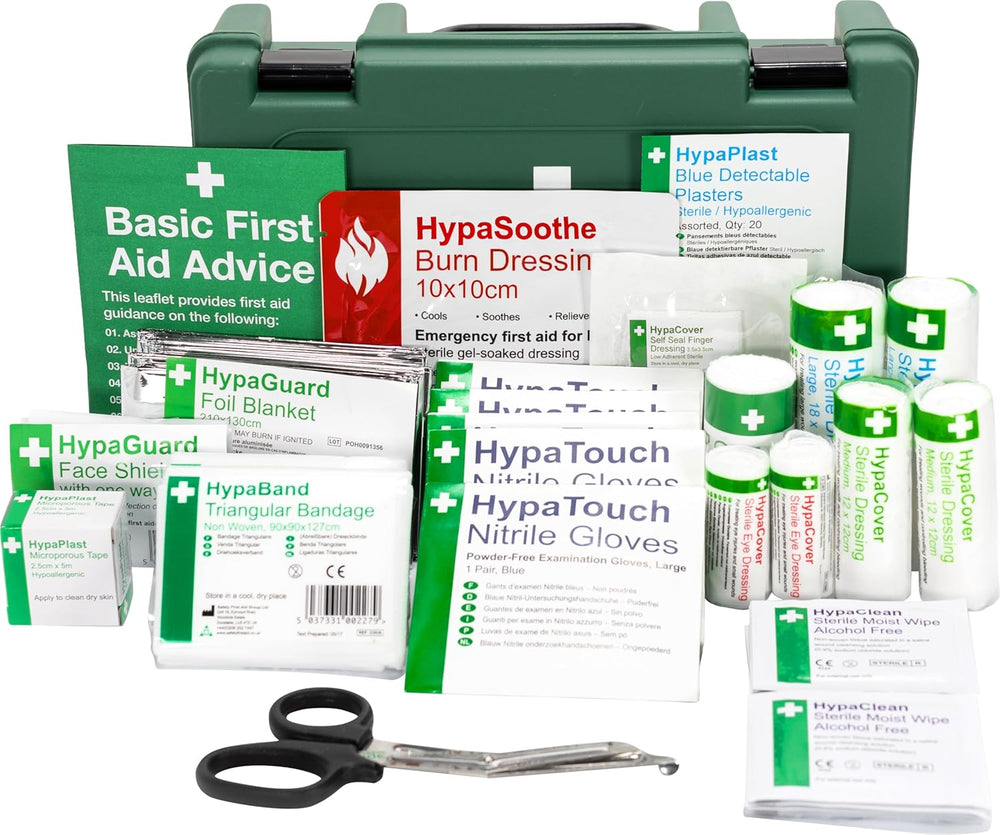 Safety First Aid Group K3170SM small catering kitchen first aid kit with bandages, antiseptic, and medical supplies for 1-10 people.