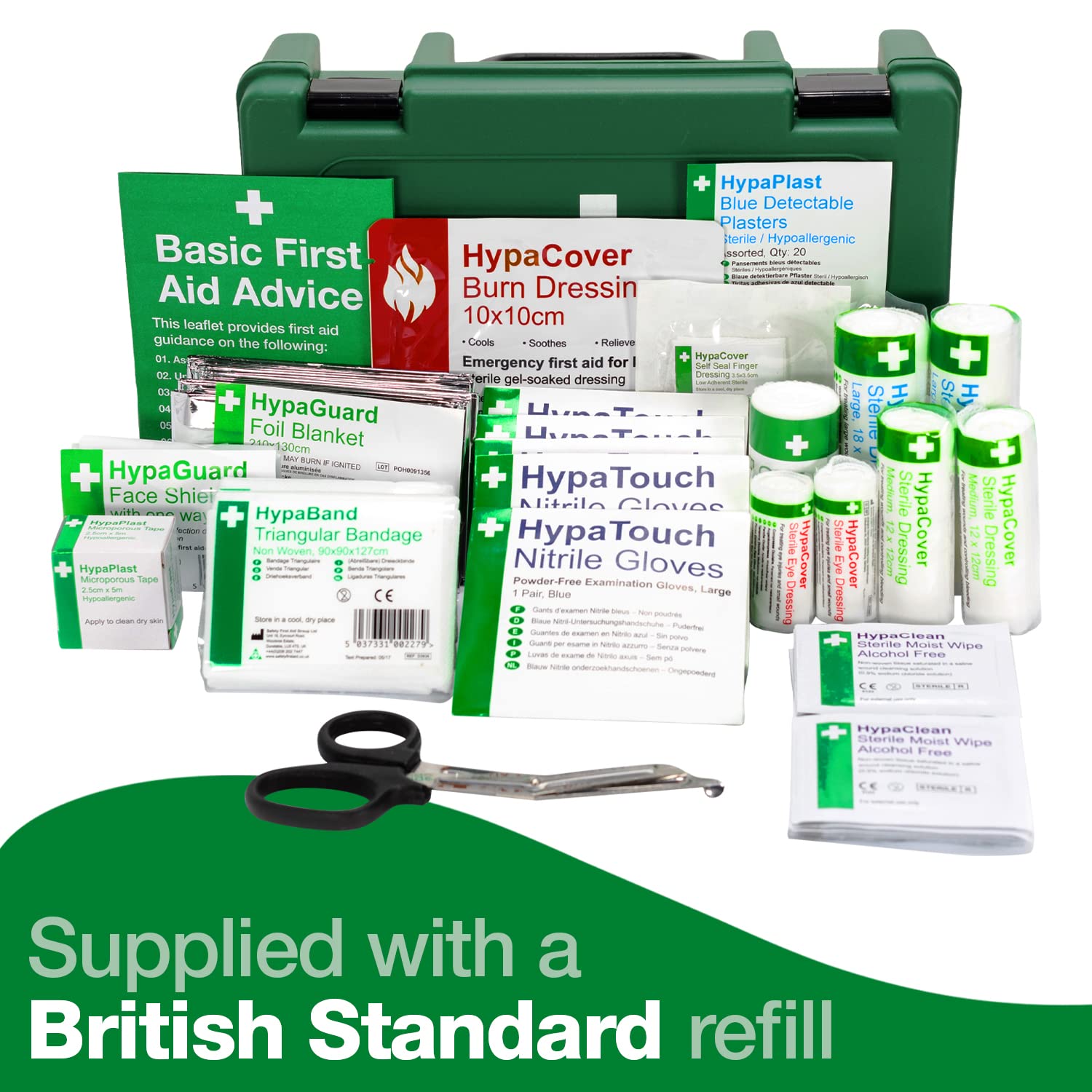 Safety First Aid Group K3170SM small catering kitchen first aid kit with fully stocked supplies for 1 to 10 people.