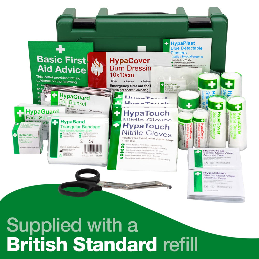 Safety First Aid Group K3170SM small catering kitchen first aid kit with fully stocked supplies for 1 to 10 people.