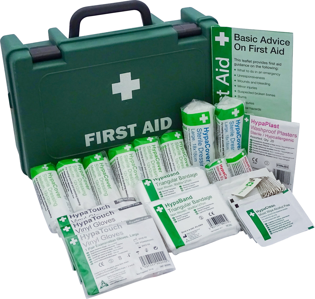 Fully stocked Safety First Aid Group HSE economy first aid kit for 1-10 persons, designed for health and safety emergencies.