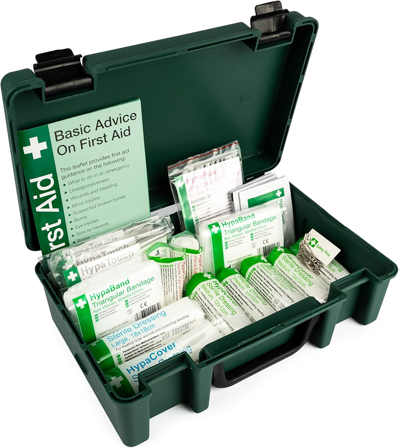 Fully stocked Safety First Aid Group HSE Economy First Aid Kit for 1-10 persons, includes essential health and safety supplies.
