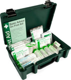 Fully stocked Safety First Aid Group HSE Economy First Aid Kit for 1-10 persons, includes essential health and safety supplies.