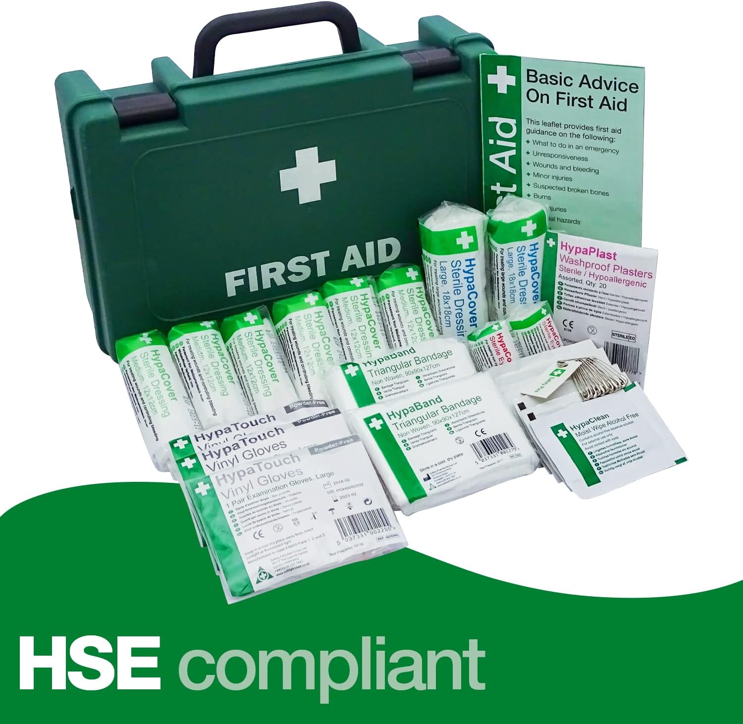 Fully stocked Safety First Aid Group HSE Economy First Aid Kit for 1-10 persons, includes essential health and safety supplies.