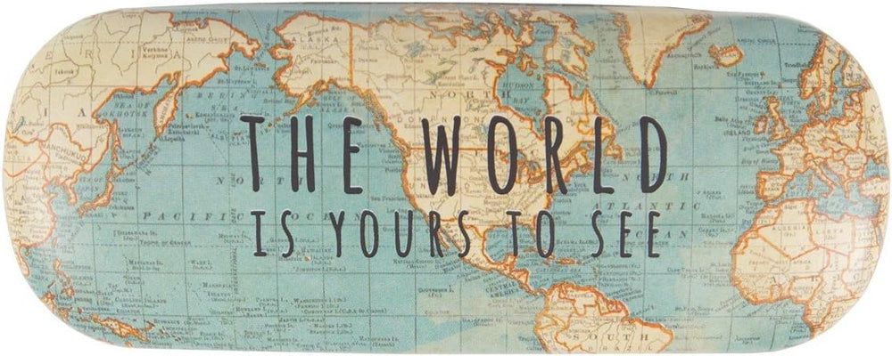 Sass & Belle vintage map glasses case with a colorful map design, made for protecting and storing eyeglasses or sunglasses.