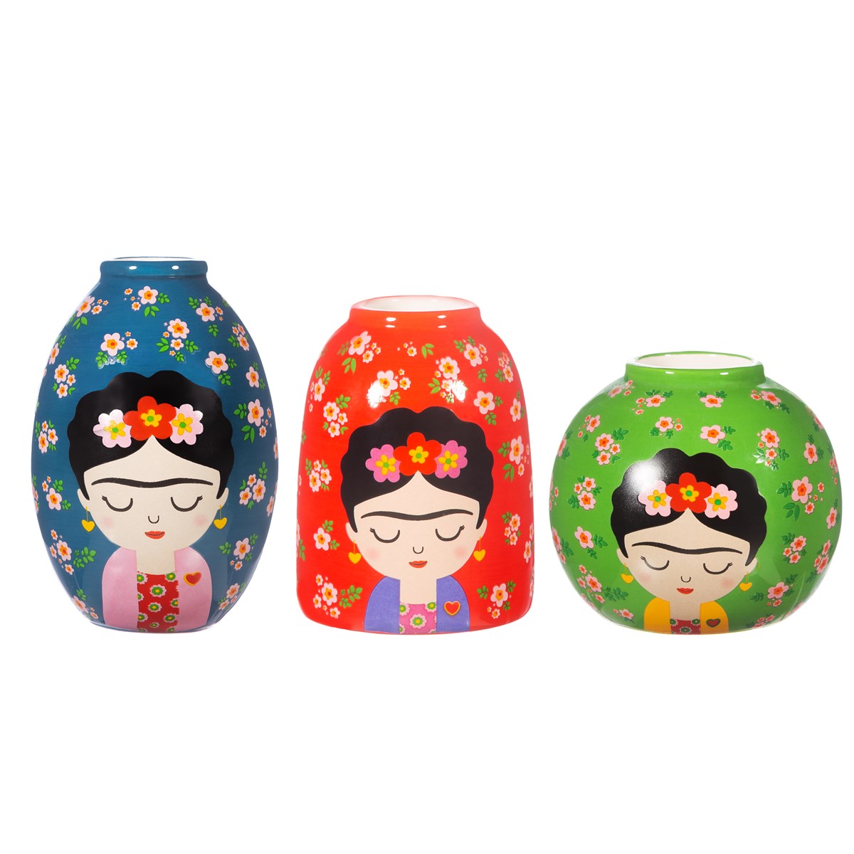 Set of three Sass & Belle Floral Frida vases for home decor, featuring colorful, patterned ceramic designs.