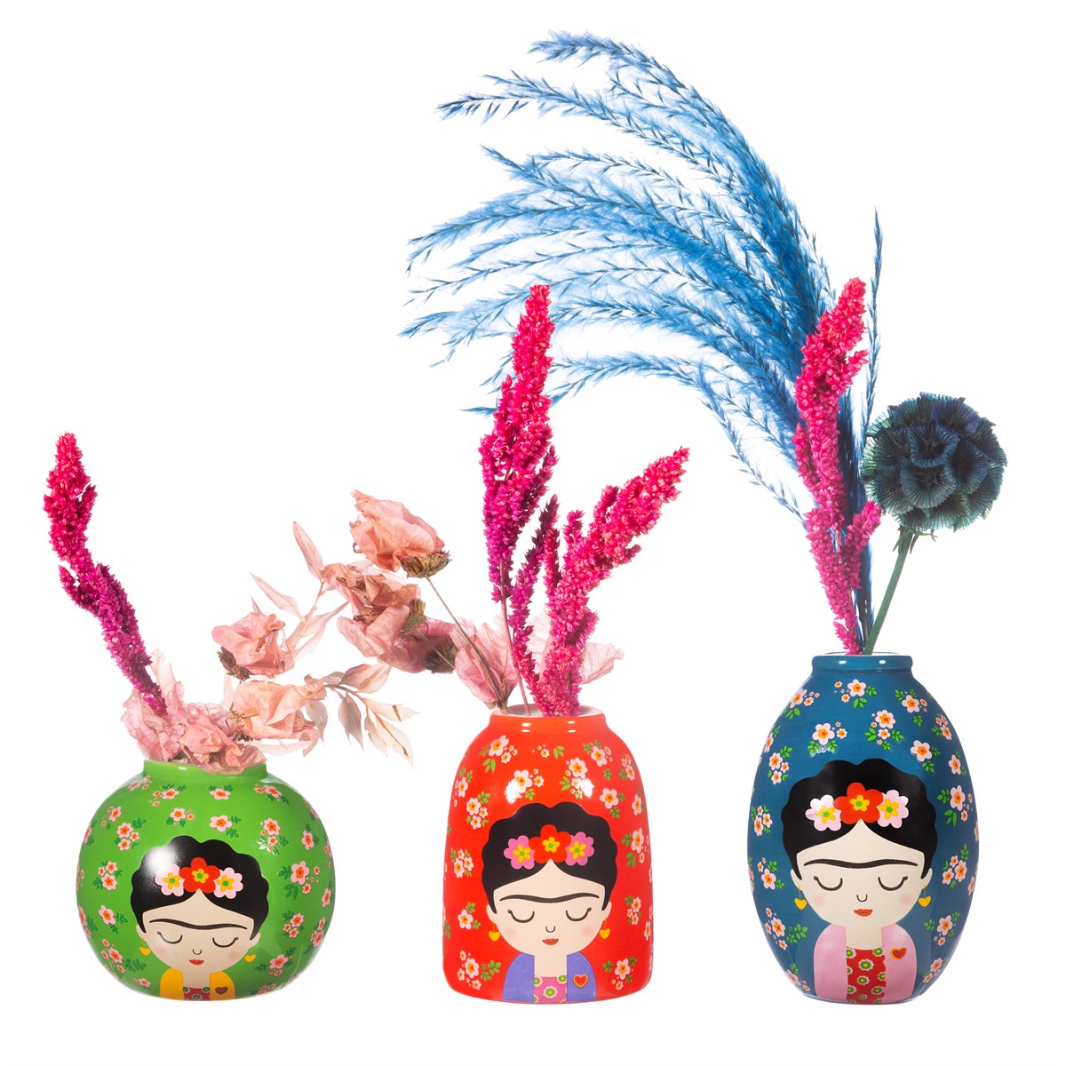 Set of three Sass & Belle Floral Frida vases with colorful, patterned ceramic designs for home decor display.