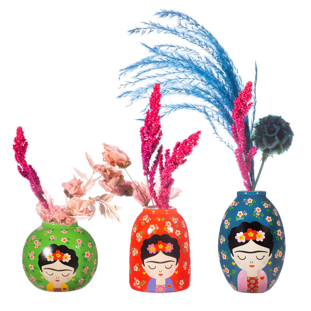Set of three Sass & Belle Floral Frida vases with colorful, patterned ceramic designs for home decor display.