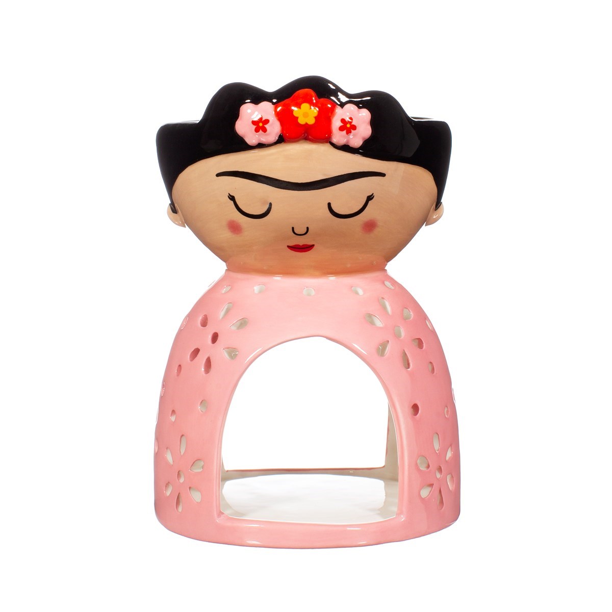 Sass & Belle Frida Kahlo ceramic wax melt oil burner with tealight holder, decorative home fragrance and decor piece.