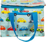 Colorful Sass & Belle transport-themed lunch bag for kids, featuring fun illustrations and a durable design.