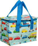 Sass & Belle transport-themed kids lunch bag with colorful cartoon vehicle design and zip closure.