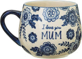 Blue Willow Mum mug by Sass & Belle featuring a classic blue and white floral design on ceramic drinkware.