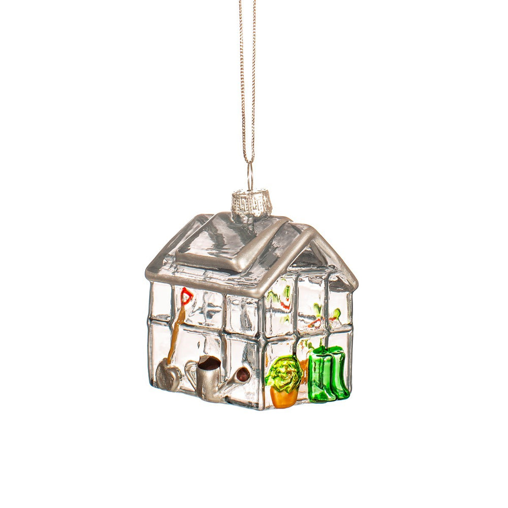 Sass & Belle mini greenhouse-shaped ornament, seasonal decor bauble with clear glass and miniature plant details, perfect for holiday decoration.