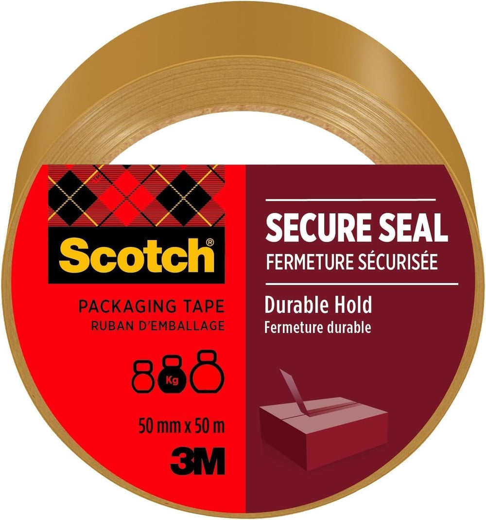 Brown Scotch Secure Seal Packaging Tape 50mm x 50m roll for sealing boxes and parcels, ideal for shipping and packing supplies.