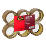 Brown Scotch Secure Seal Packaging Tape rolls, 50 mm x 66 m, in a pack of six, ideal for shipping and sealing packages.