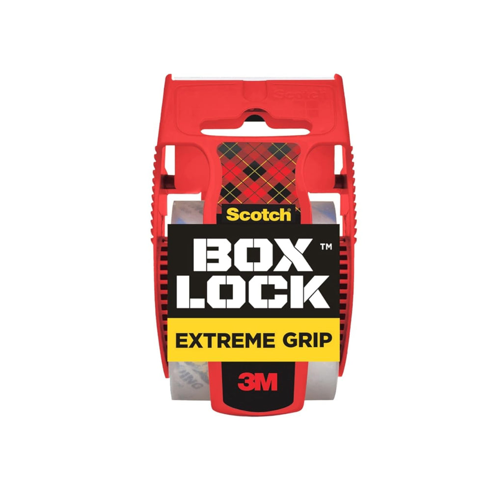 Scotch Box Lock Packaging Tape 195-EF on a dispenser, 48mm x 20.3m roll for secure shipping and packaging.