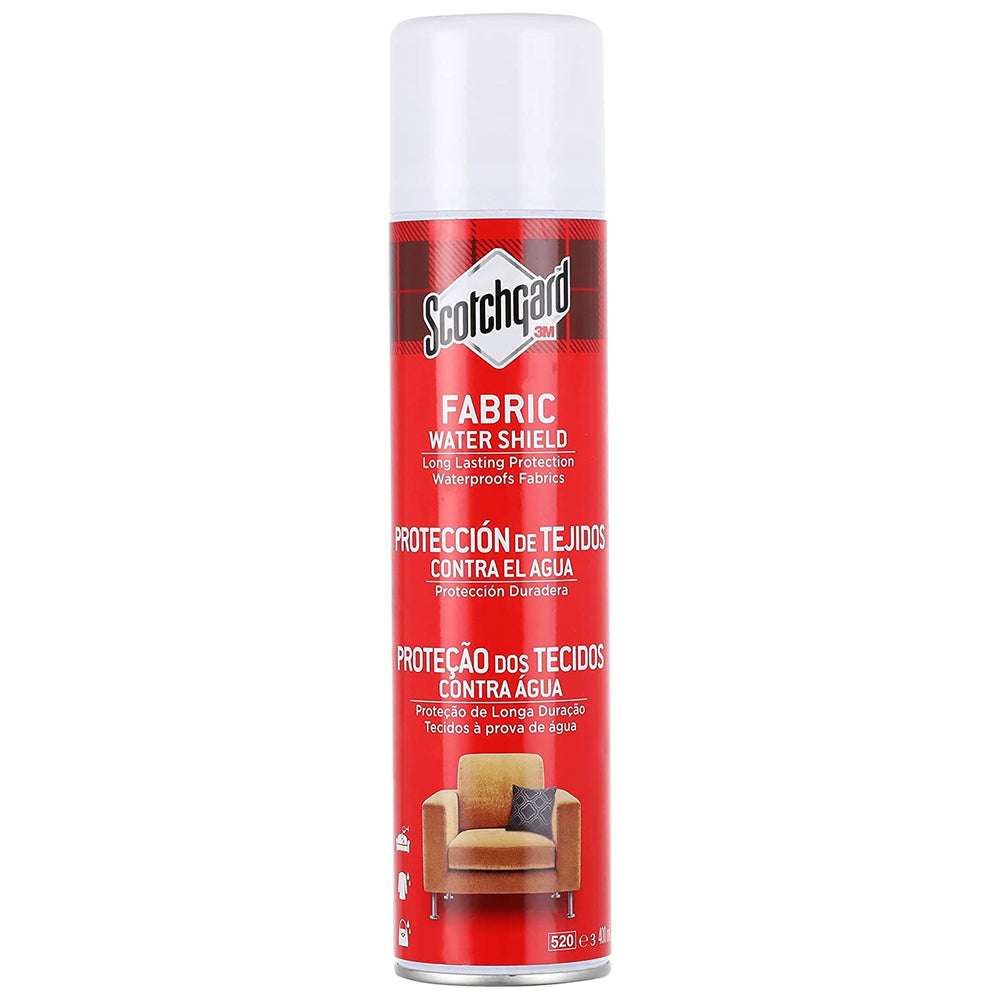Scotchgard Fabric Protector spray bottle with transparent water shield label, 400ml size, designed for waterproofing fabric surfaces.