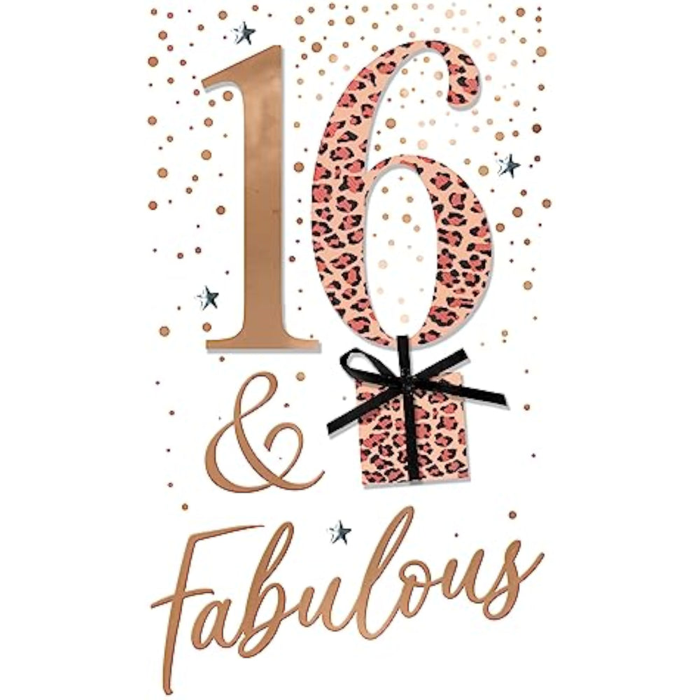 Second Nature 16 & Fabulous birthday greeting card with embellished leopard print and champagne design for 16th birthday celebration