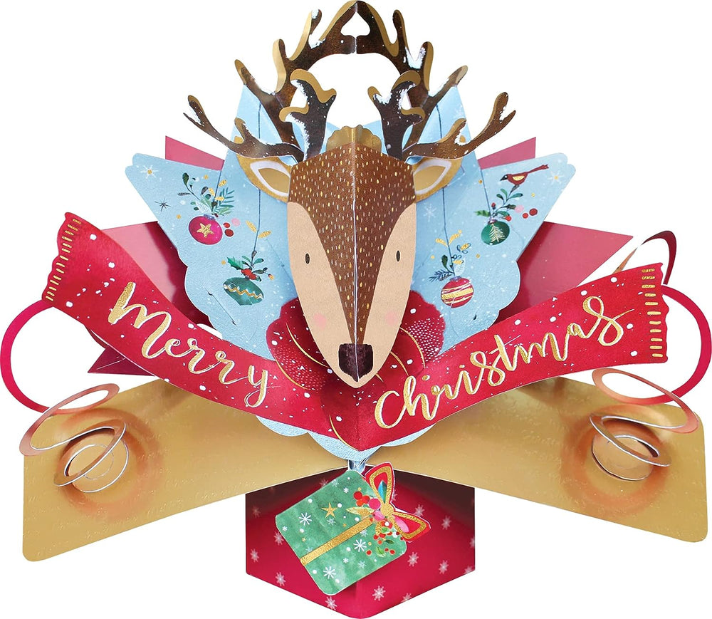 Second Nature 3D pop-up reindeer head Christmas greeting card with festive holiday design and detailed reindeer illustration.