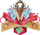 Second Nature 3D pop-up reindeer head Christmas greeting card with festive holiday design and detailed reindeer illustration.