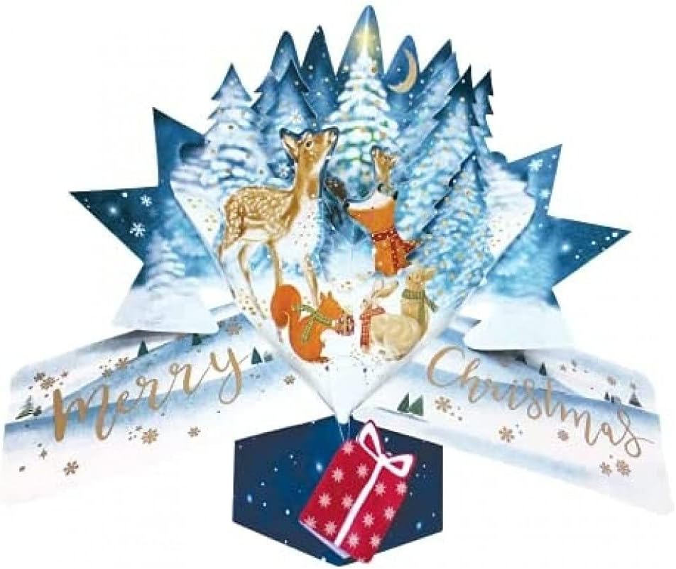 Second Nature 3D Woodland Animals Christmas Card featuring colorful pop-up forest scene with deer, fox, and birds.
