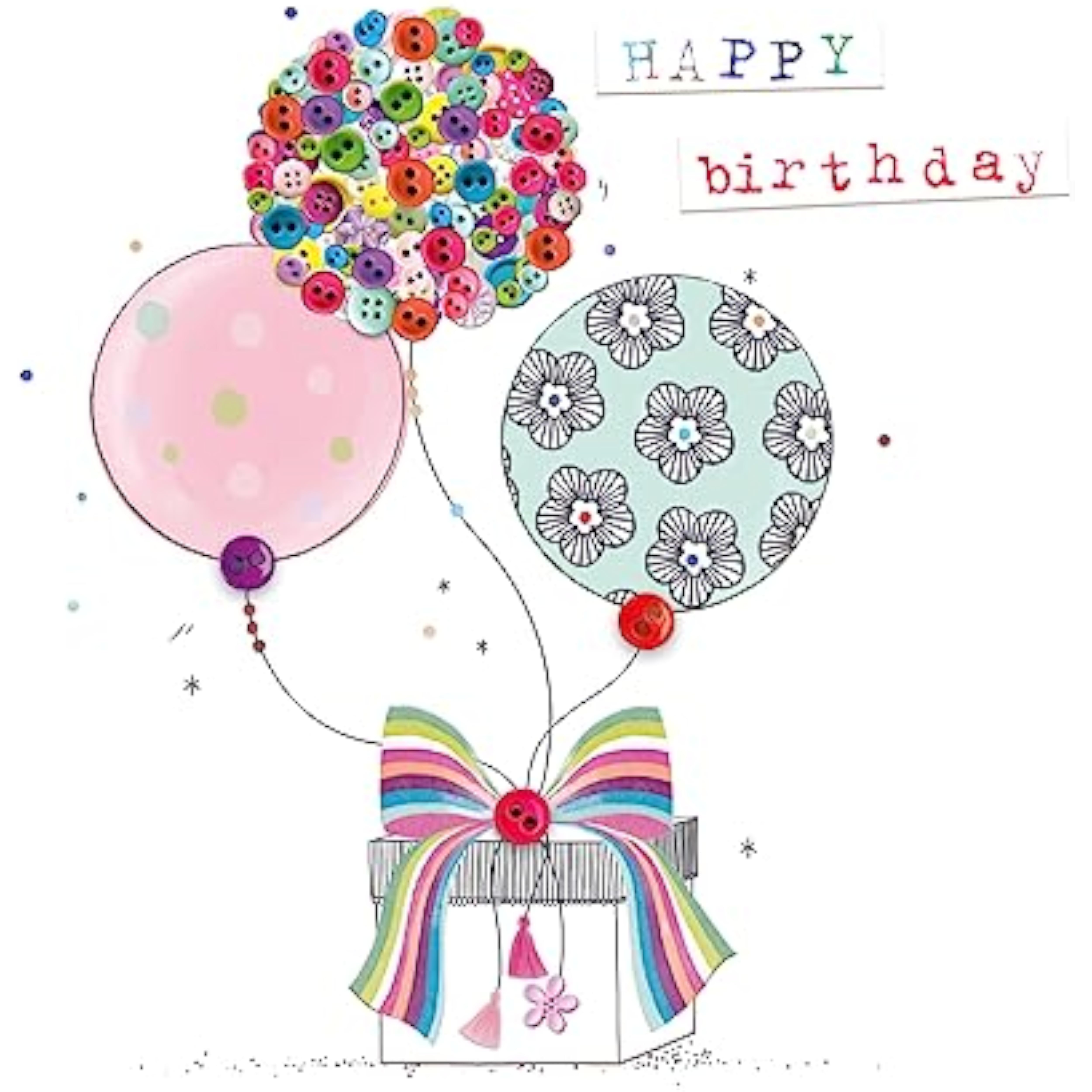 Second Nature birthday card featuring a hand holding decorated balloons with finished button embellishments, designed for celebrations.