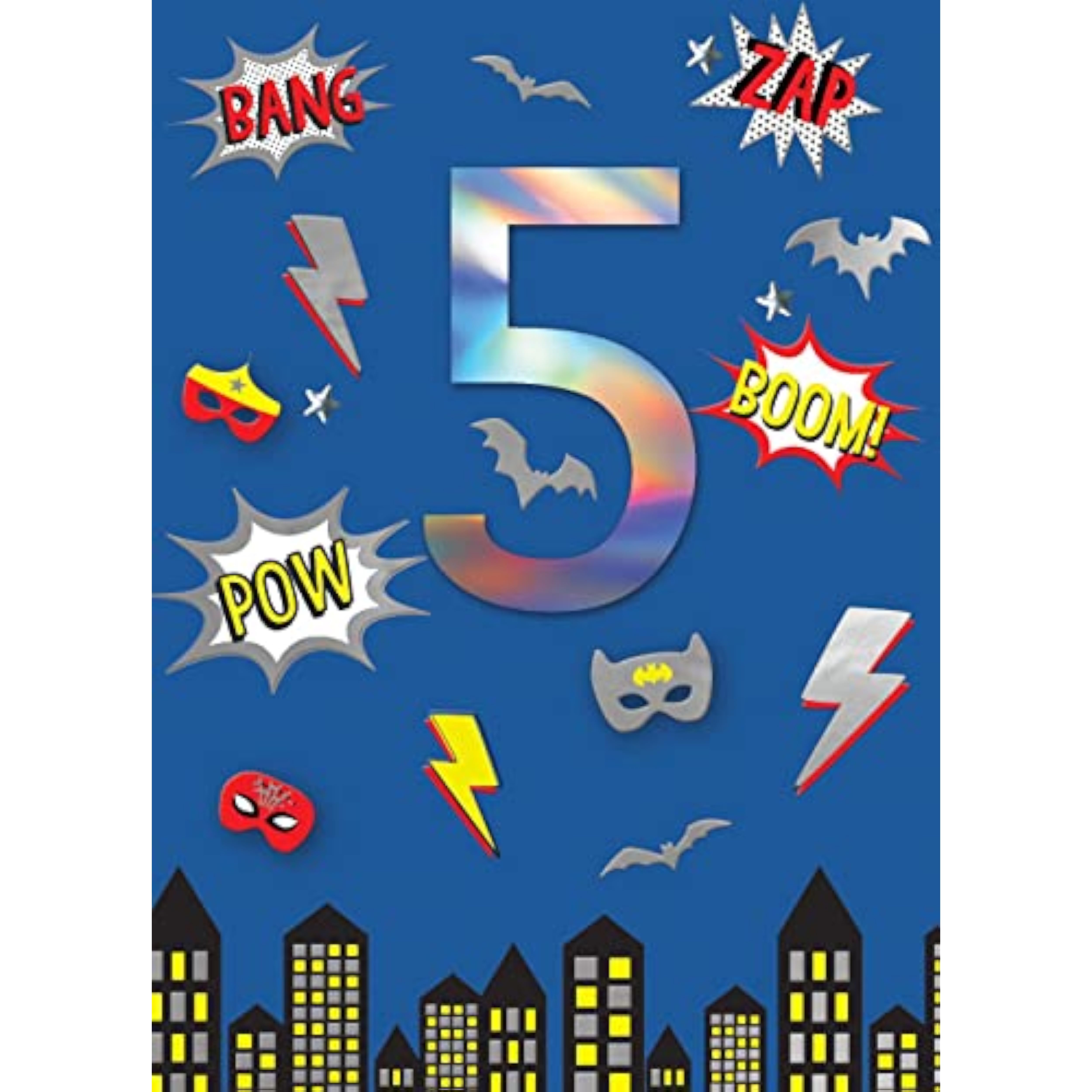 Second Nature boys 5th birthday superhero comic greeting card featuring colorful superhero illustrations and celebratory design.