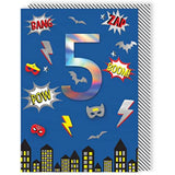 Second Nature boys' 5th birthday superhero comic greeting card with colorful superhero illustrations and festive embellishments.