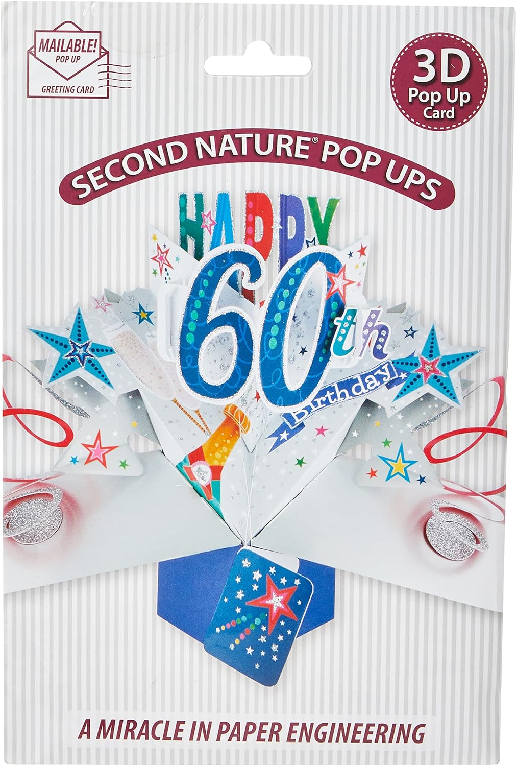 Second Nature Happy 60th Birthday pop-up greeting card with colorful birthday design and cheerful lettering.