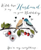 Second Nature Husband greeting card with illustration of birds perched on a branch, suitable for special occasions.