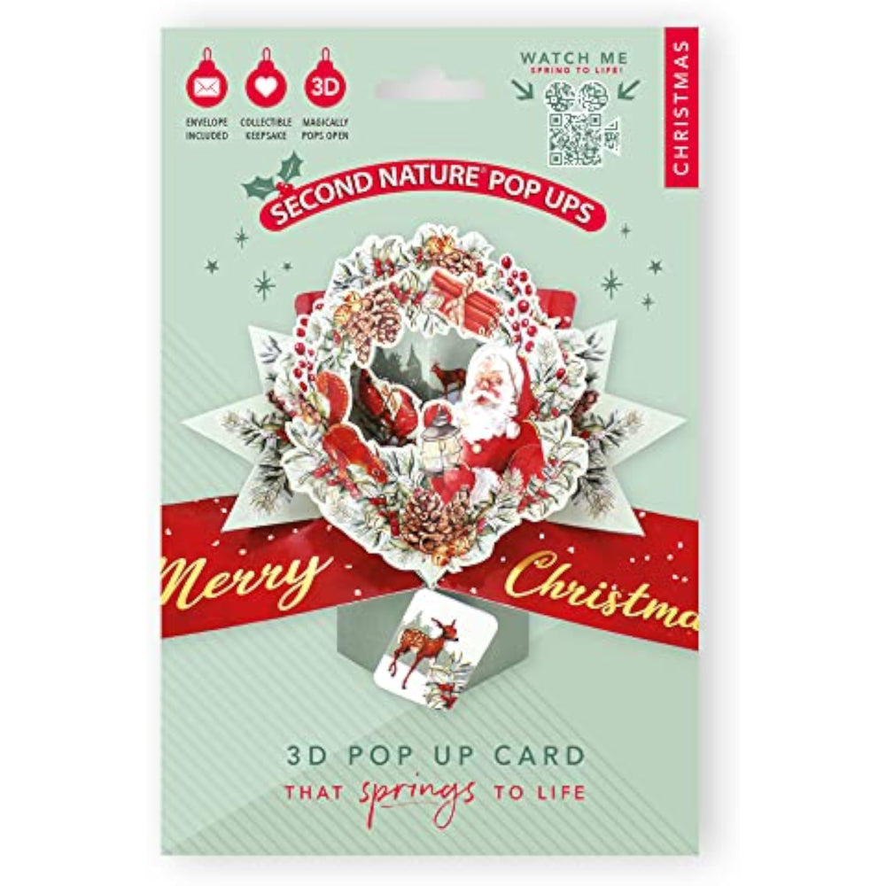 Second Nature festive wreath with a Santa greeting card, featuring holiday greenery and cheerful holiday message.