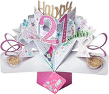 Happy 21st birthday pop-up greeting card by Second Nature, featuring a colorful 3D design with festive birthday elements.