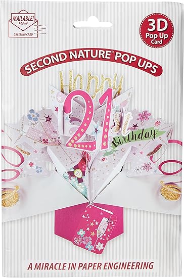Happy 21st birthday pop-up greeting card by Second Nature featuring a colorful 3D design and intricate paper craftsmanship.