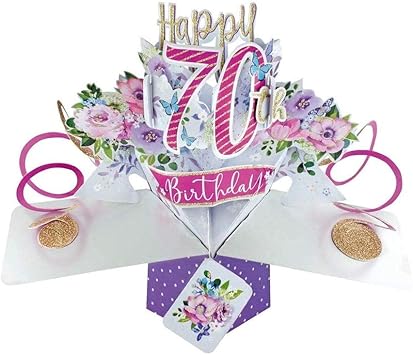 Happy 70th birthday pop-up greeting card by Second Nature featuring a 3D floral design and celebratory message.