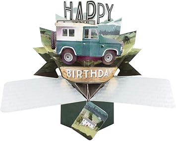 Happy Birthday Jeep Pop-up Greeting Card by Second Nature featuring a 3D Jeep design, perfect for celebrating special occasions.