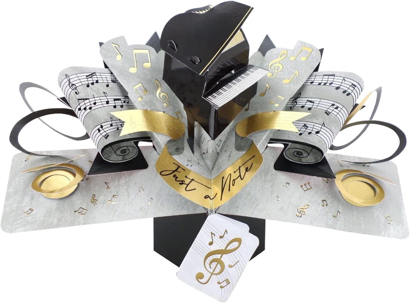 Second Nature Piano Pop Up Greeting Card with "Just a Note" design, suitable for birthdays or any occasion, featuring 3D piano artwork.